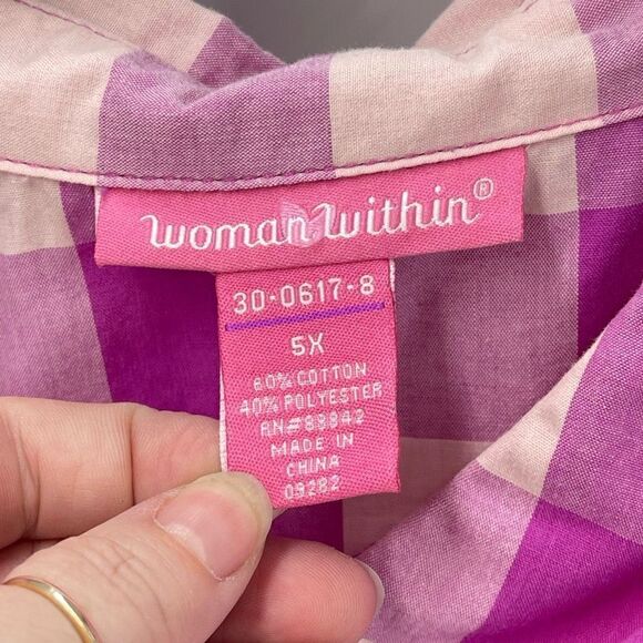 Woman Within Womens Button Up Shirt Top Check Long Sleeve Purple Pink Size 5X - Picture 7 of 8